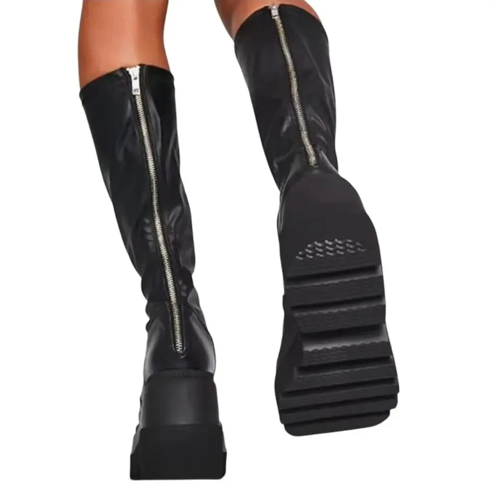 Black Knee High Platform Wedge Boots Chunky Lug Sole Back Zip Size 8.5